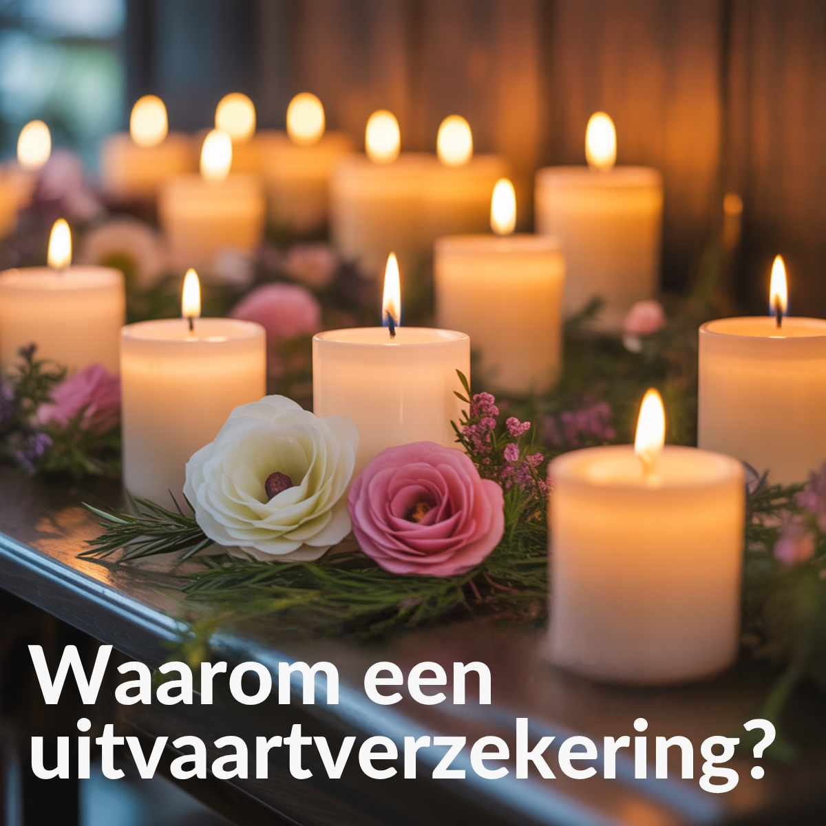Rows of lit white candles with pink and white flowers on a wooden ledge, white text asking why funeral insurance