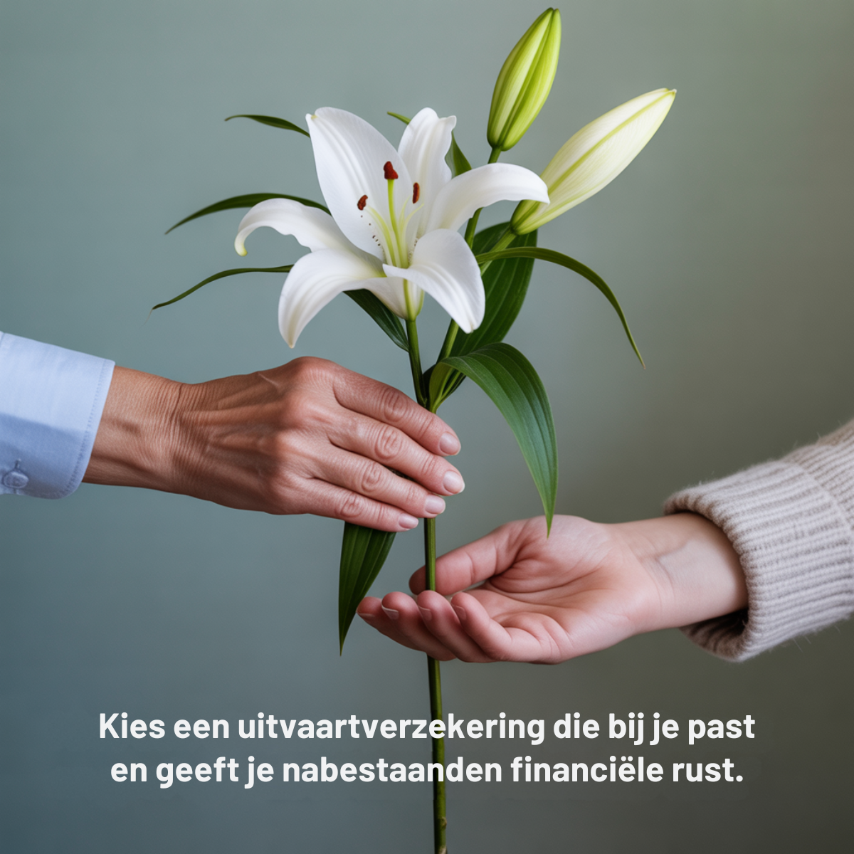 An older hand passing a white lily to a younger hand against a grey-green background with Dutch text about funeral insurance