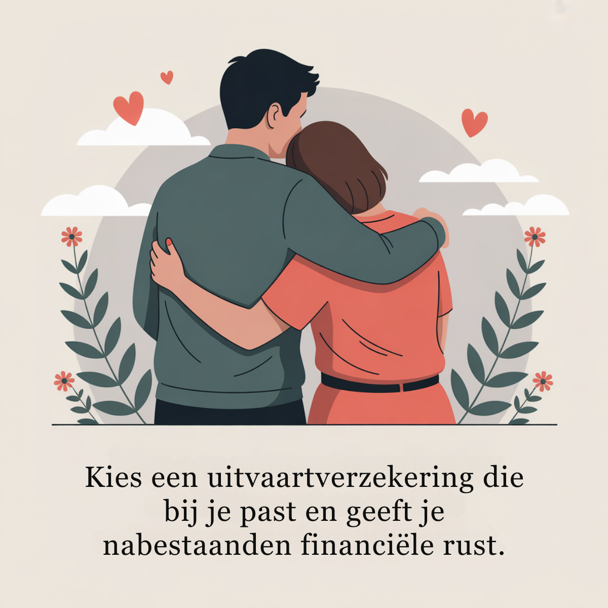 Flat illustration of a man and woman hugging from behind with hearts, clouds and leafy branches above Dutch serif text