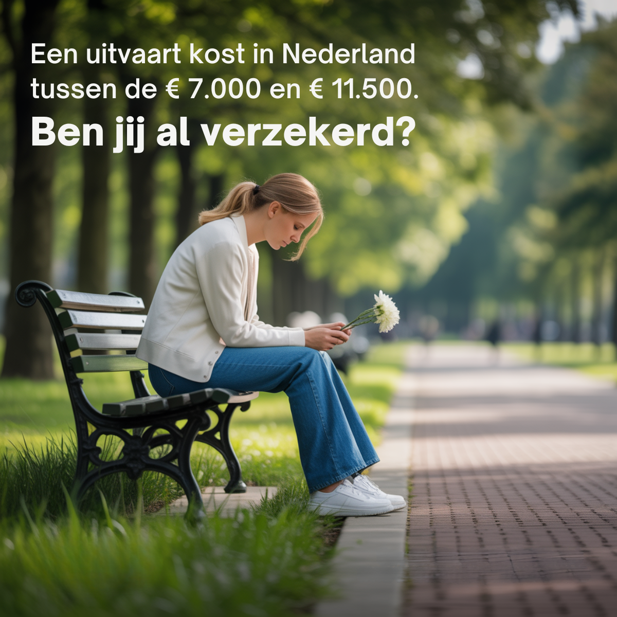 Young woman sitting on a park bench looking down at her phone holding white flowers, with Dutch funeral cost text above