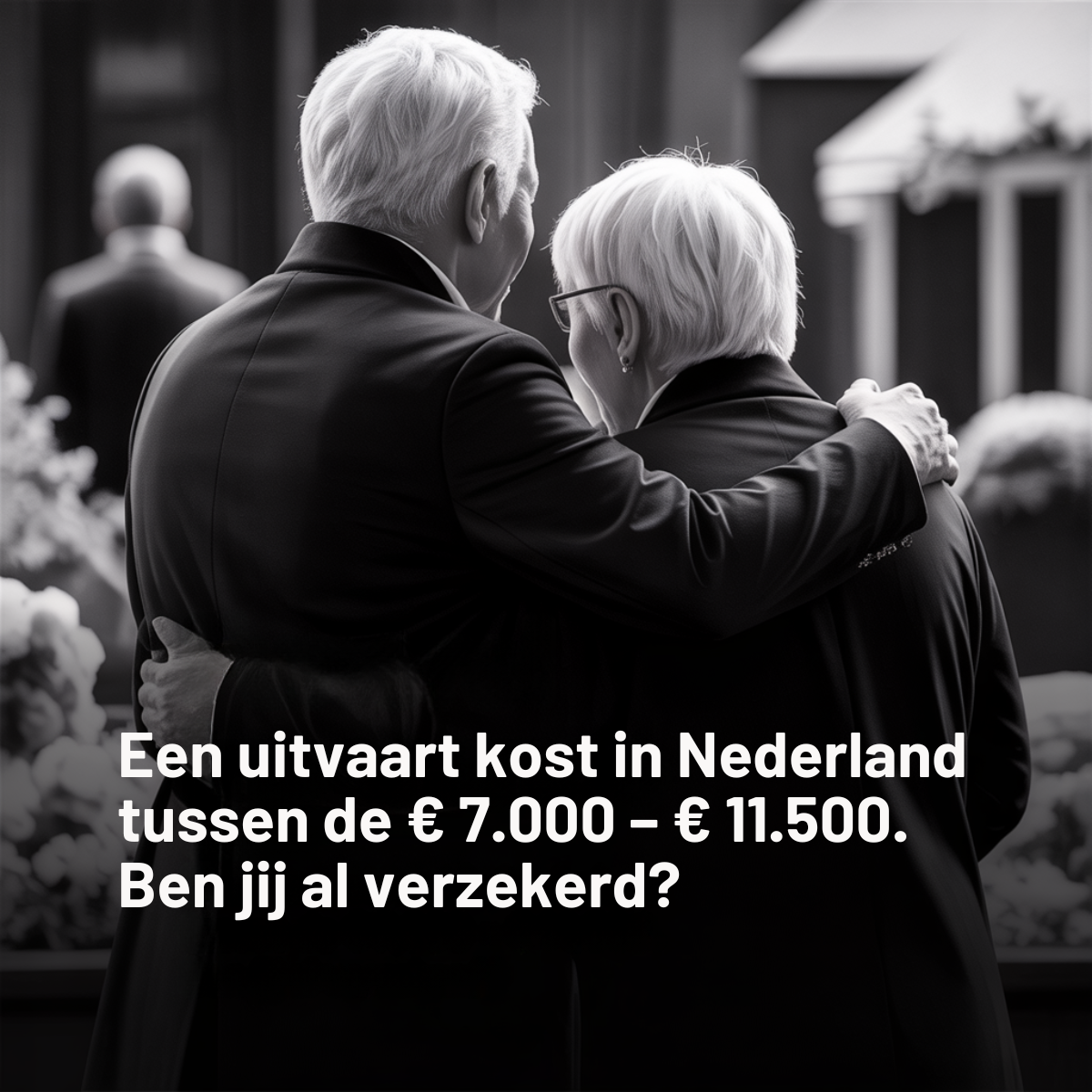 Black and white photo of an elderly couple in dark clothes embracing from behind at a funeral with white Dutch cost text