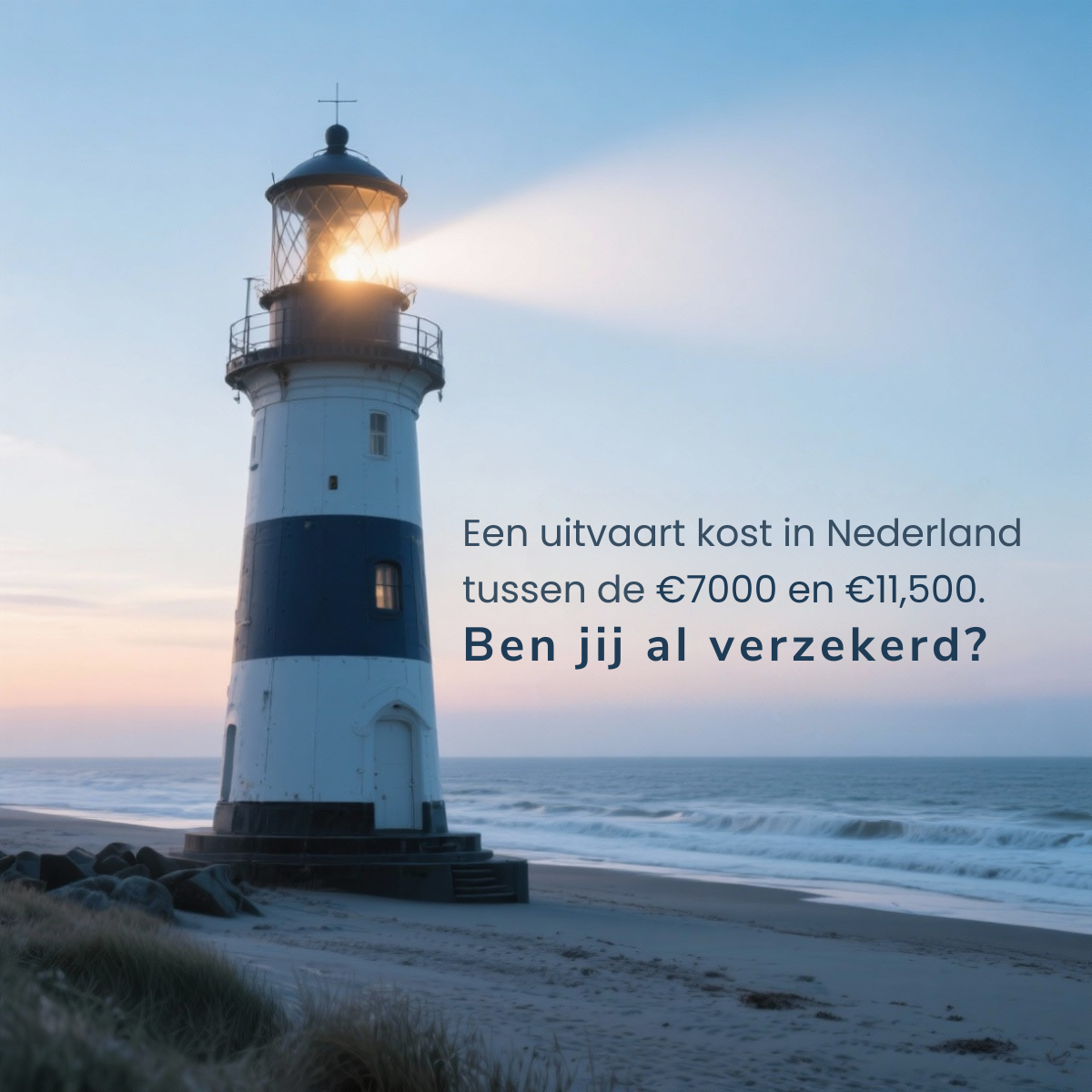 White and navy striped lighthouse on a beach at dusk with its beam shining, navy Dutch text about funeral costs beside it