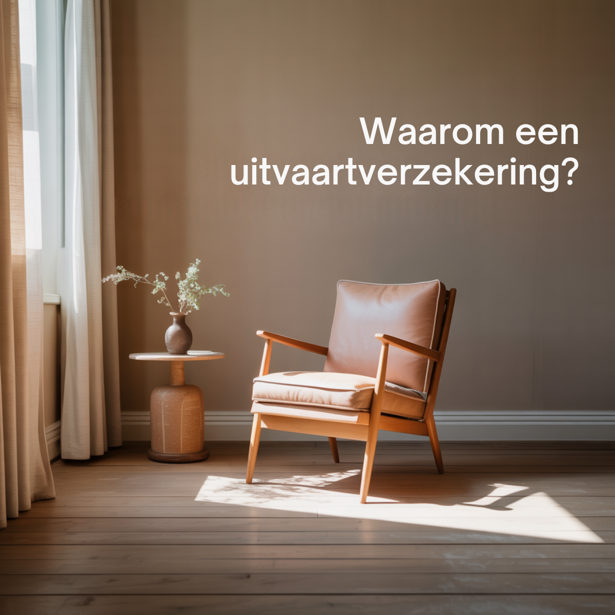 Empty mid-century leather armchair in a sunlit beige room beside a side table with a vase, white Dutch question text