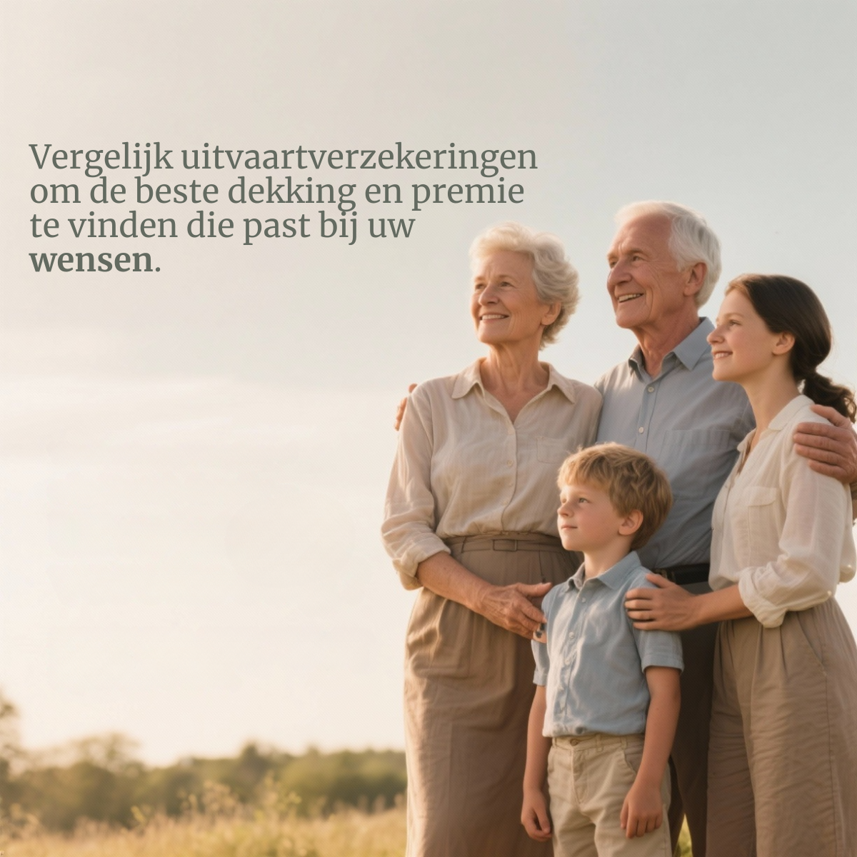Funeral insurance ad: three generations of a family (grandparents, a young woman and a boy) standing together in a sunlit...
