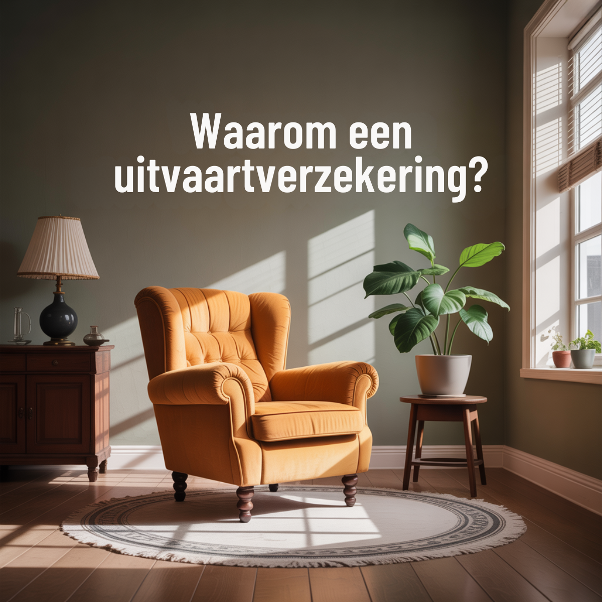 Funeral insurance ad: an empty orange wingback armchair in a quiet, sunlit living room with an olive-green wall, a lamp,...