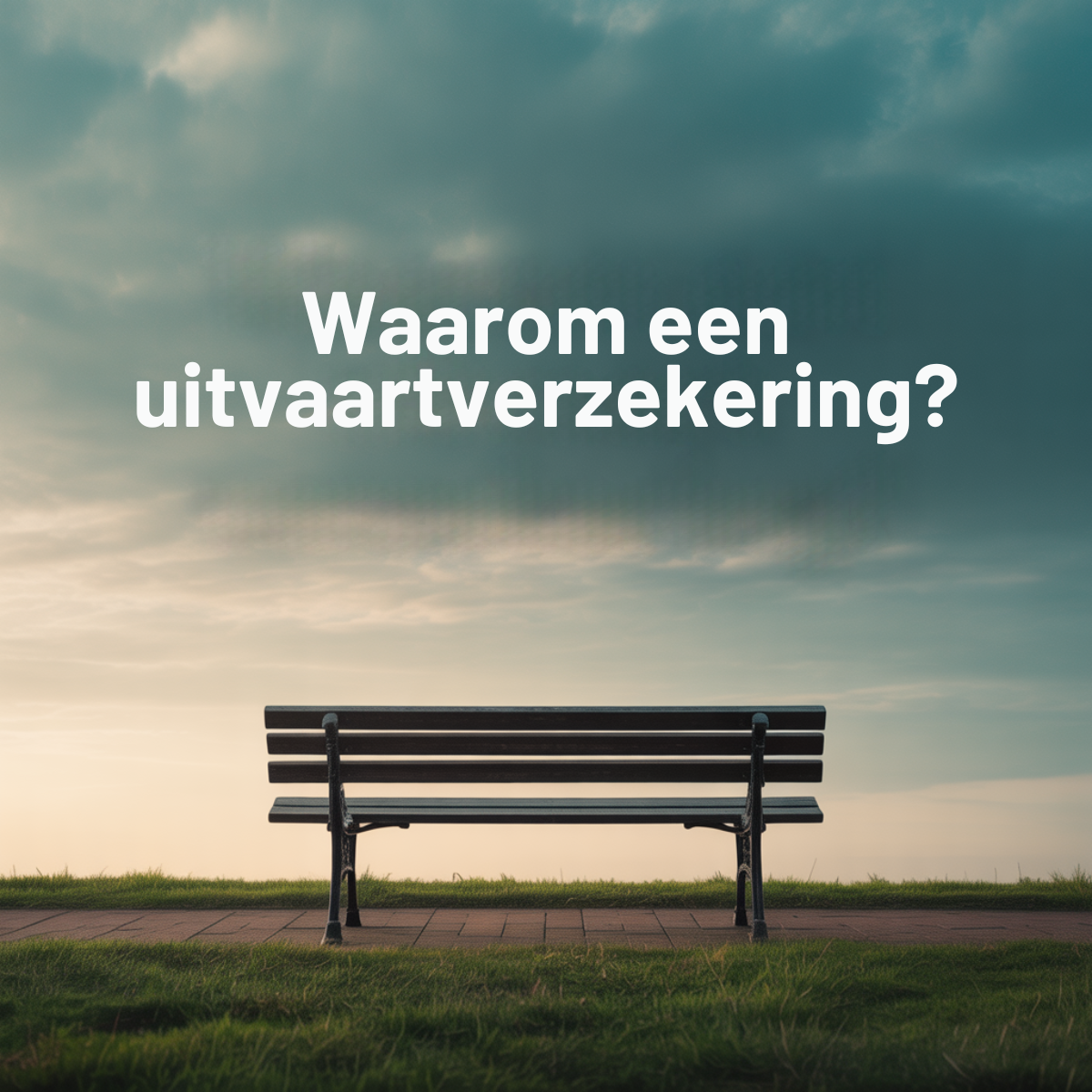 Funeral insurance ad: a single empty park bench on a brick path under a wide, moody teal sky fading to warm light at the...