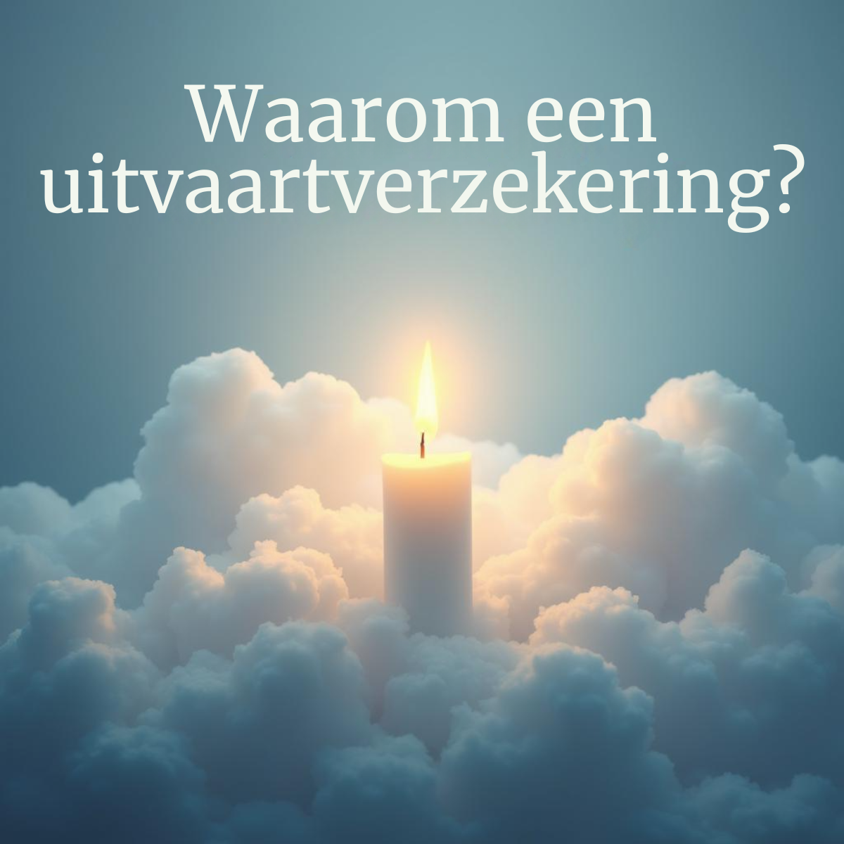 Funeral insurance ad: a single lit white candle rising out of soft glowing clouds against a blue-grey gradient background