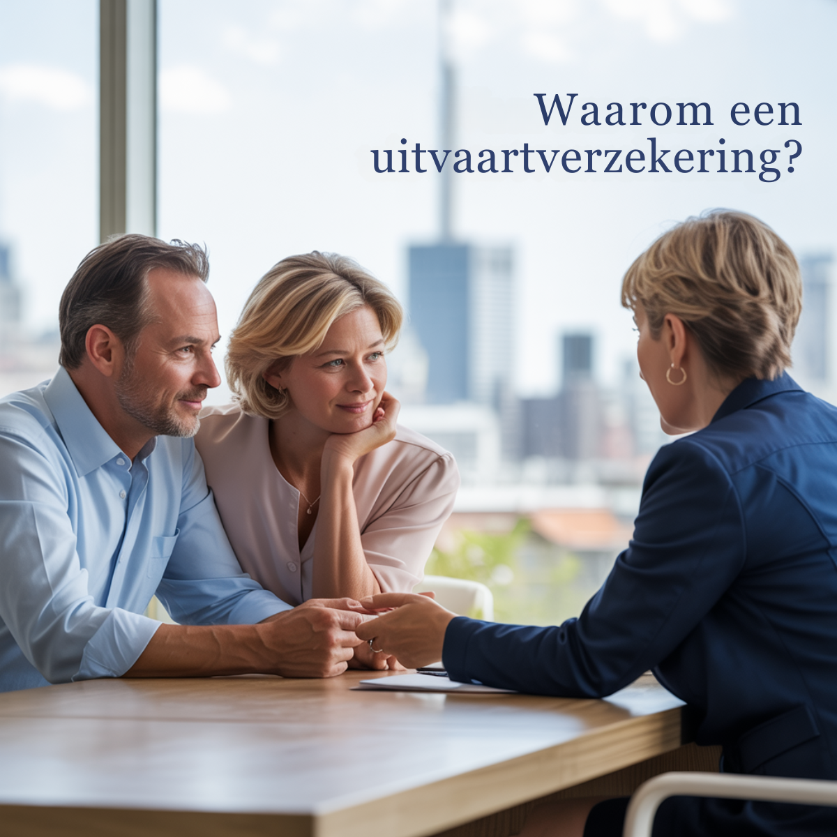 Funeral insurance ad: a middle-aged couple sitting close together at a table, talking with an insurance advisor in a navy...