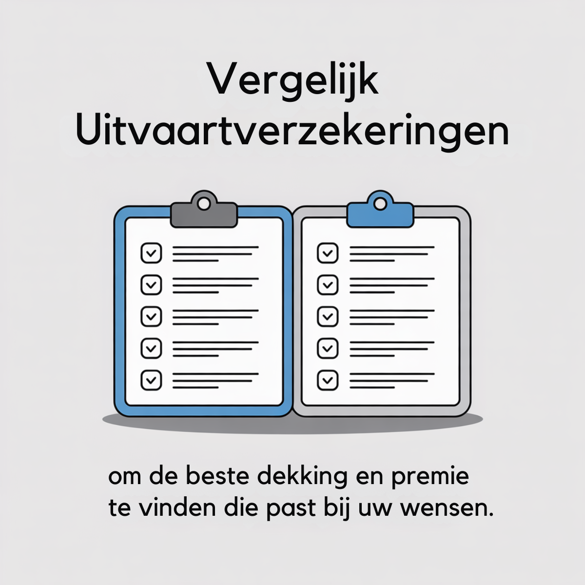 Funeral insurance ad: two side-by-side clipboards (one blue, one grey) with ticked checklists on a light grey background