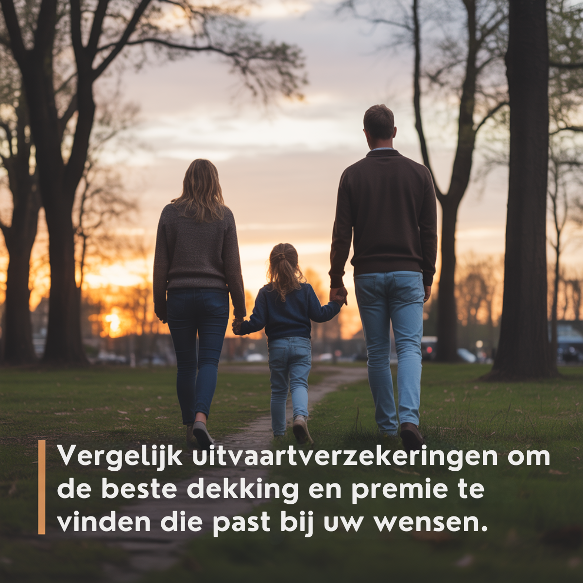 Funeral insurance ad: a young family (mother, father and daughter holding hands) walking away down a park path toward an...