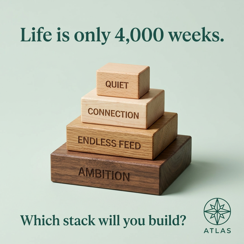 Stapel van vier houten blokken met Quiet, Connection, Endless Feed en Ambition op mintgroen met Atlas-logo
