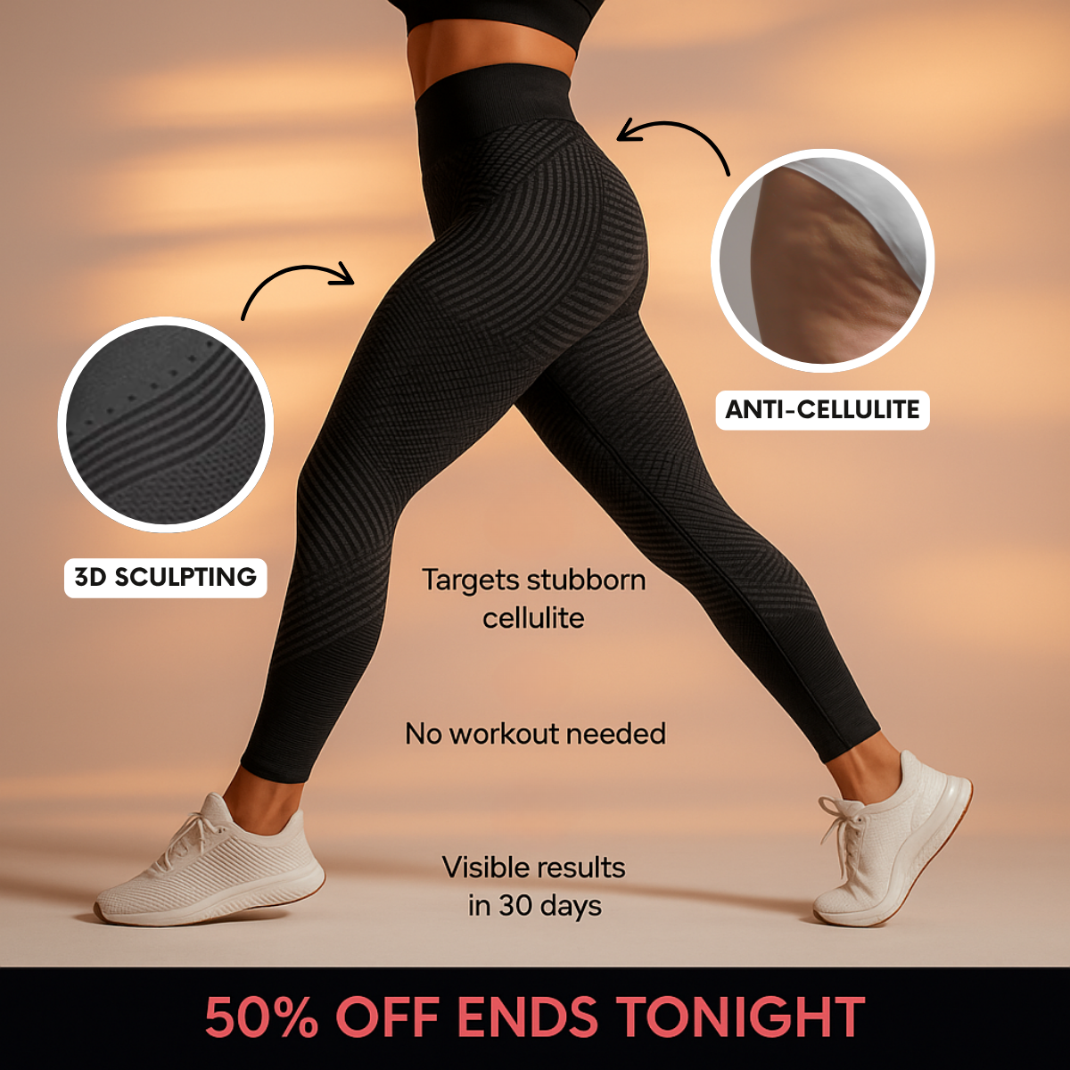 Vrouw in gestreepte zwarte legging en witte sneakers met close-ups van stof en huid en balk '50% korting'