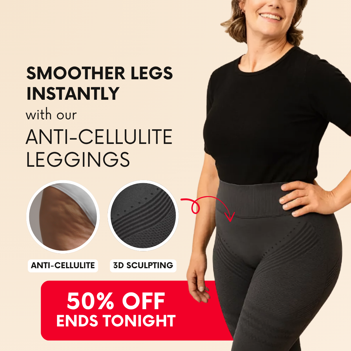 Glimlachende vrouw van middelbare leeftijd in zwart shirt en grijze legging met close-ups en rode banner '50% korting'