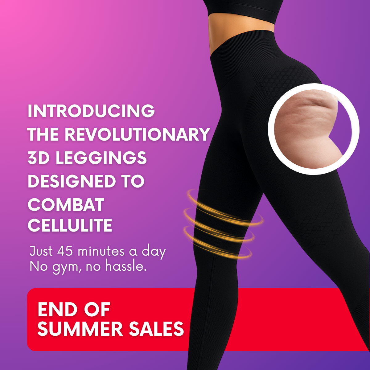 Zwarte 3D-legging op paars verloop met vette witte headline, cellulite-close-up en rode sale-banner