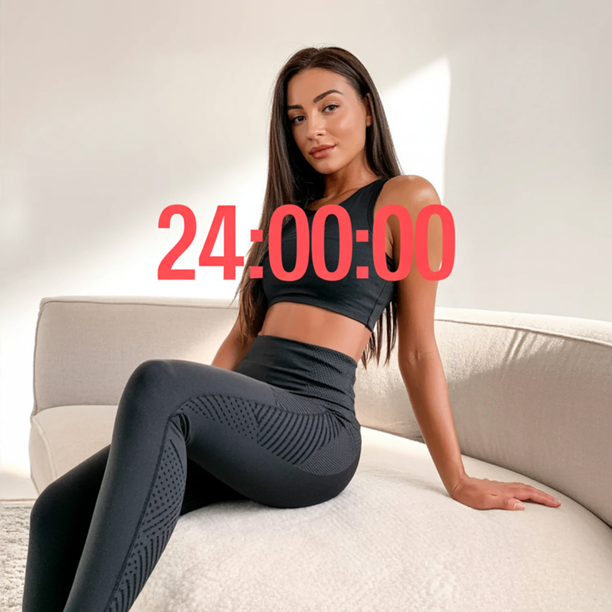 Woman in black sports bra and textured sculpting leggings on cream sofa with large red 24:00:00 countdown