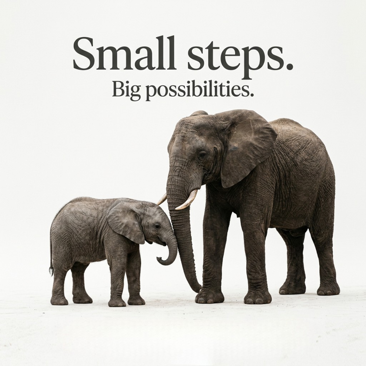 Elephant mother and calf on a white background under the headline Small steps. Big possibilities.