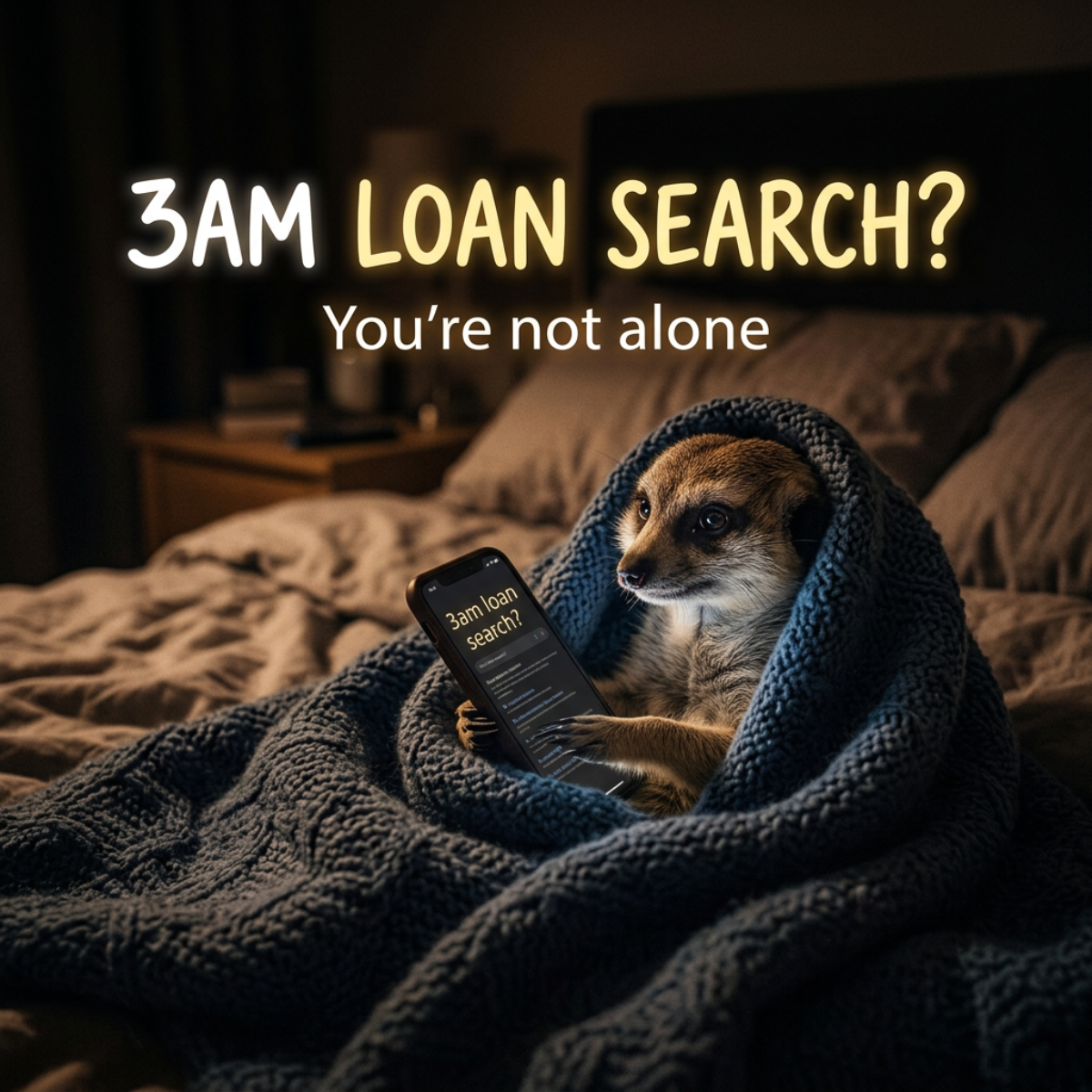 Meerkat wrapped in a knit blanket in a dark bedroom looking at a phone under the text 3AM Loan Search?
