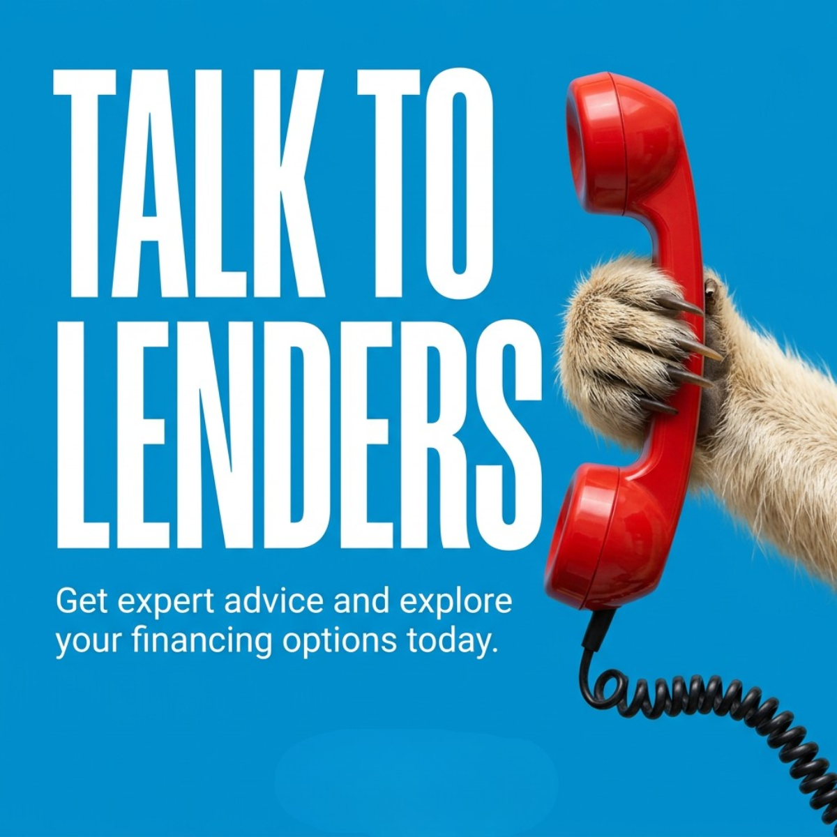 Huge white Talk to Lenders headline beside a furry paw holding a red phone on a flat blue background