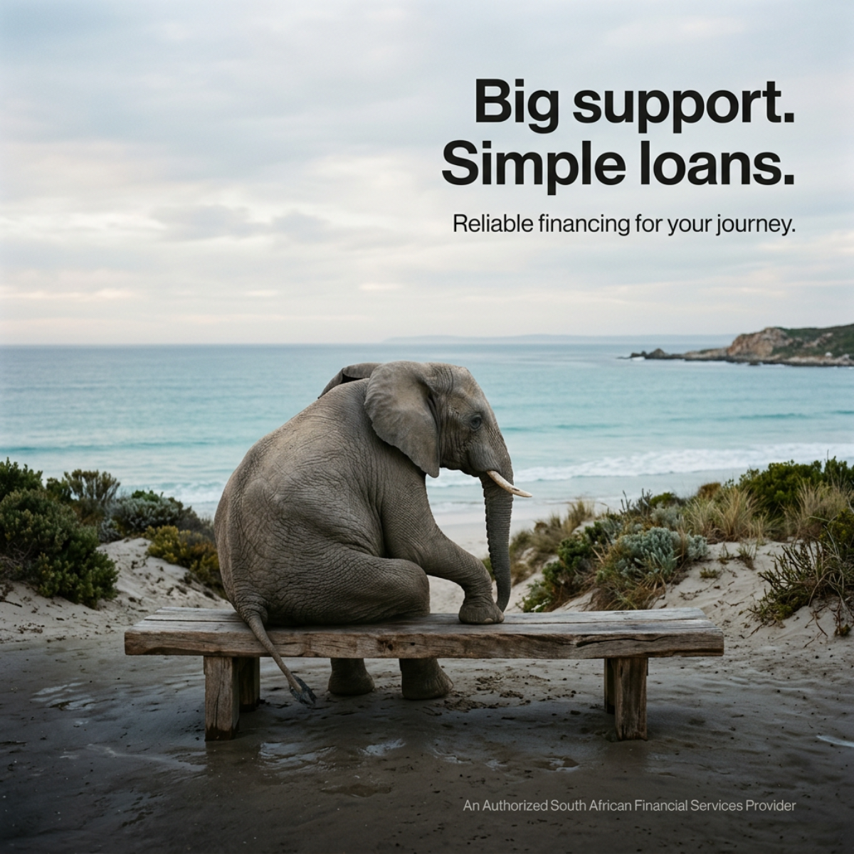 Elephant sitting on a wooden bench by the sea under an overcast sky with the headline Big support. Simple loans.