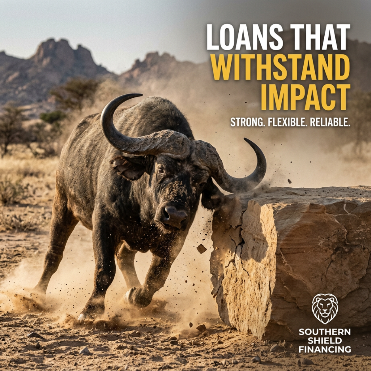 Cape buffalo charging headfirst into a large rock in a dusty savanna, with the headline Loans that withstand impact