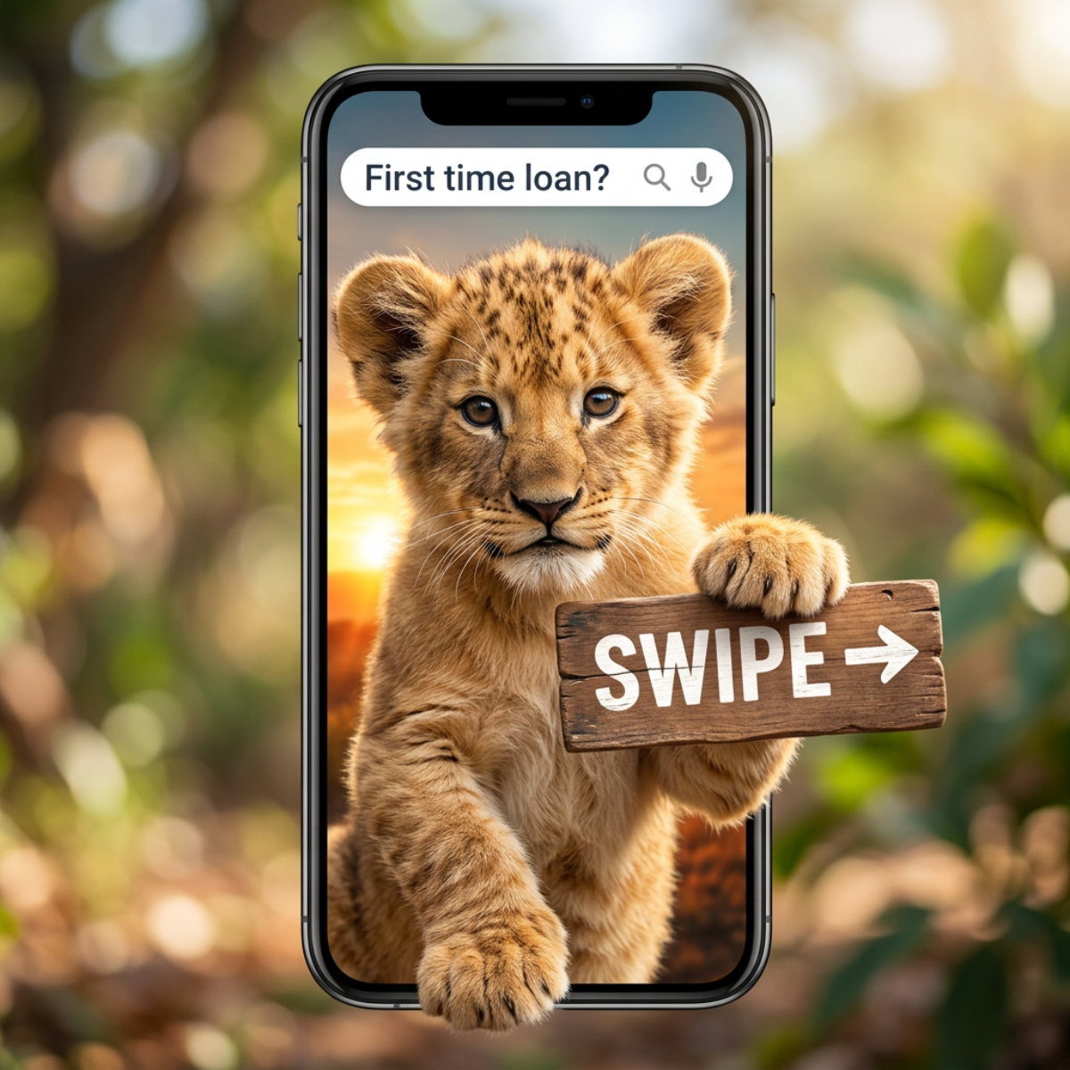 Lion cub climbing out of a smartphone holding a wooden Swipe sign, below a search bar reading First time loan?