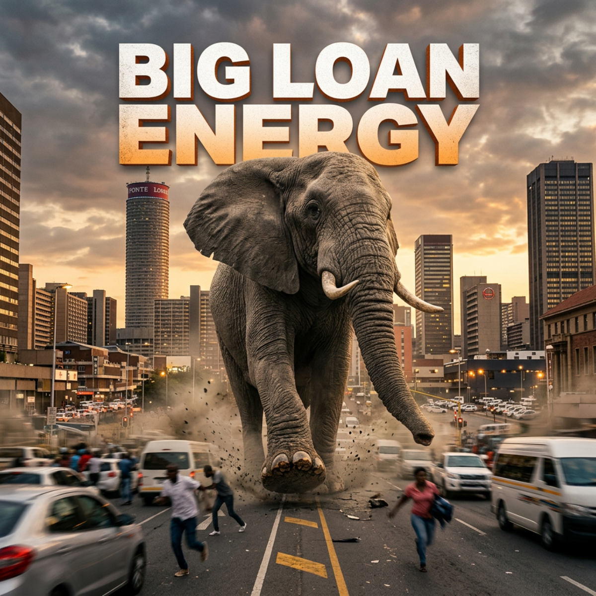 Giant elephant striding down a busy city street at sunset as people run, under the headline Big Loan Energy