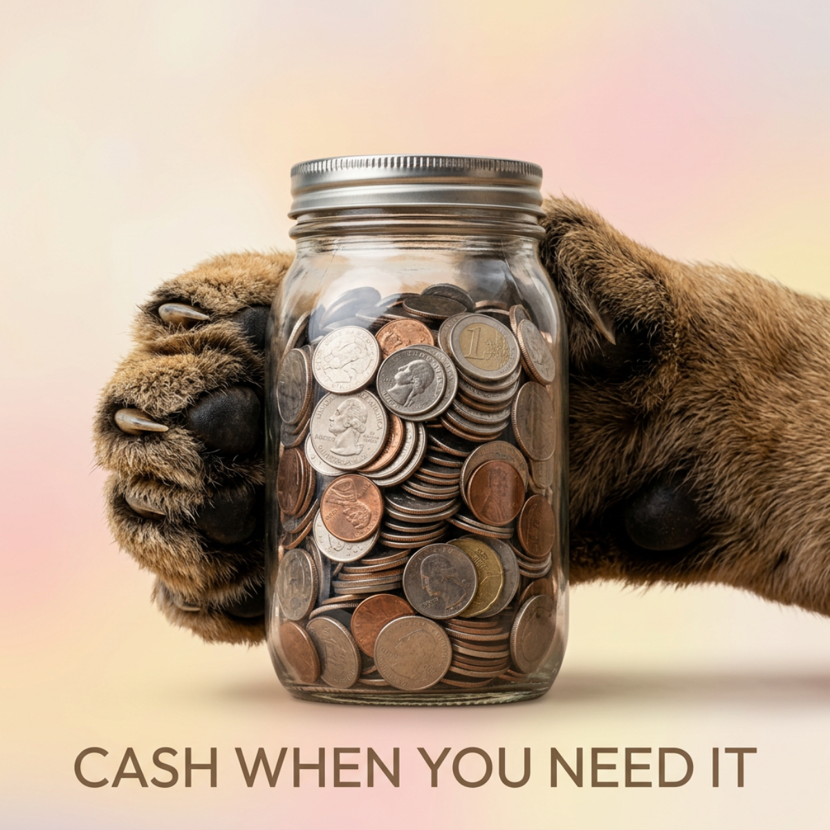Two big cat paws hugging a glass jar full of coins on a pastel pink and yellow background with text Cash when you need it