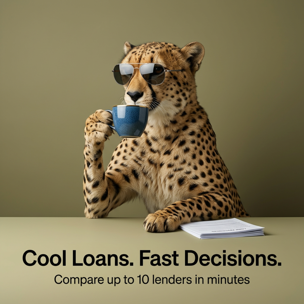 Cheetah in aviator sunglasses sipping from a blue cup beside loan papers, text reads Cool Loans. Fast Decisions.