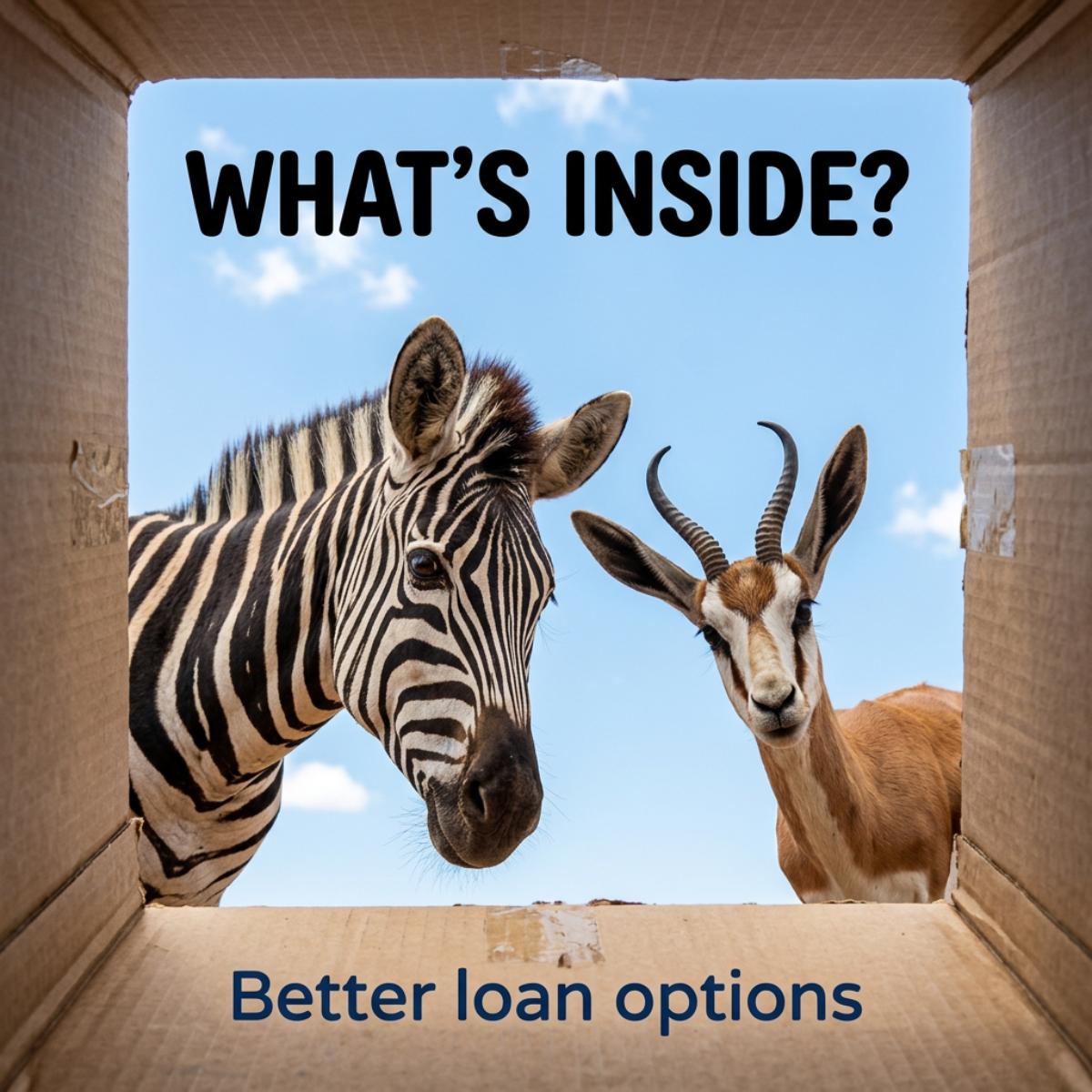 View from inside a cardboard box as a zebra and springbok look down into it, text reads What’s Inside? Better loan options