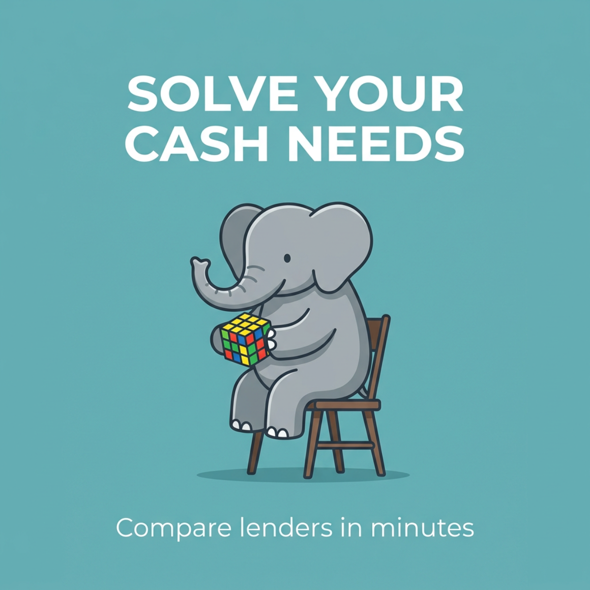Cartoon grey elephant on a wooden chair holding a Rubik’s cube on a teal background, text reads Solve Your Cash Needs