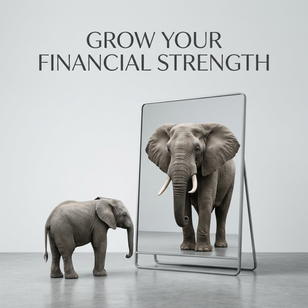 Baby elephant facing a standing mirror that reflects a large adult elephant, under the text Grow Your Financial Strength