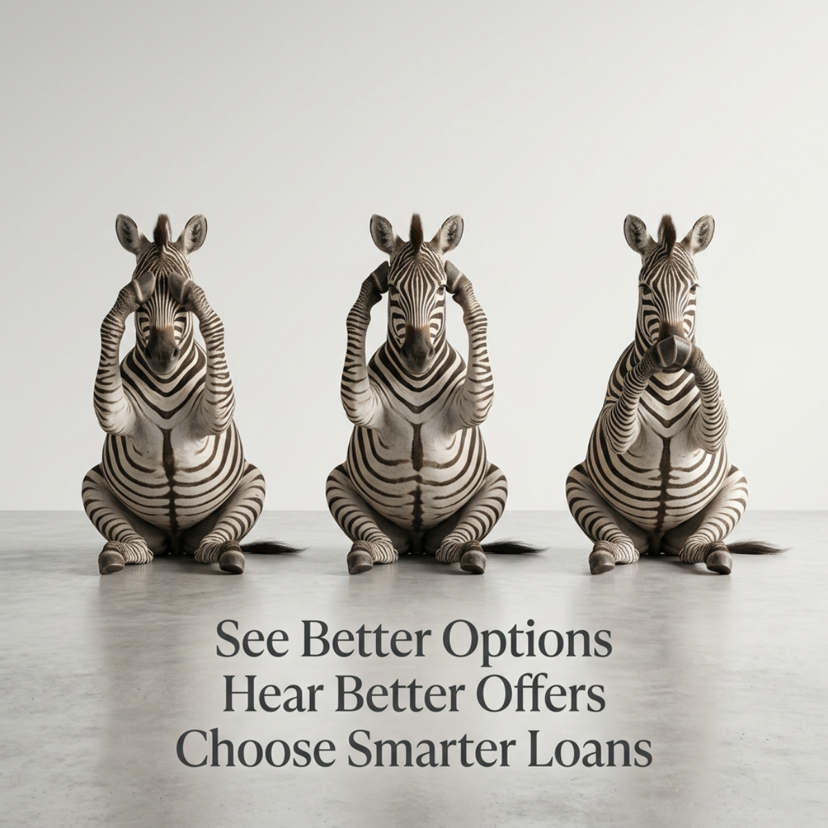 Three zebras covering eyes, ears and mouth, with text See Better Options, Hear Better Offers, Choose Smarter Loans