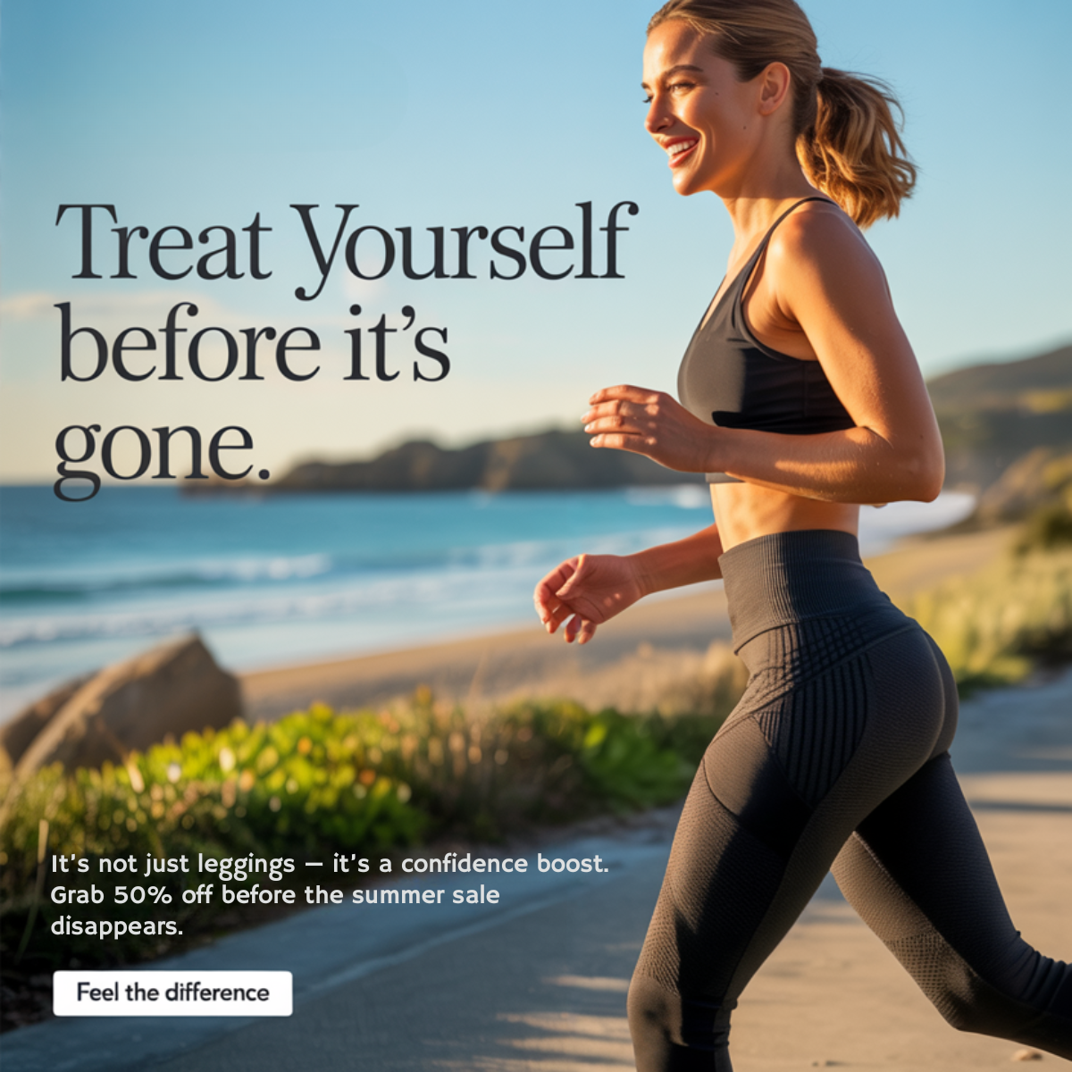 Smiling woman jogging on a coastal path in black leggings and sports bra, serif headline and 50% off sale text