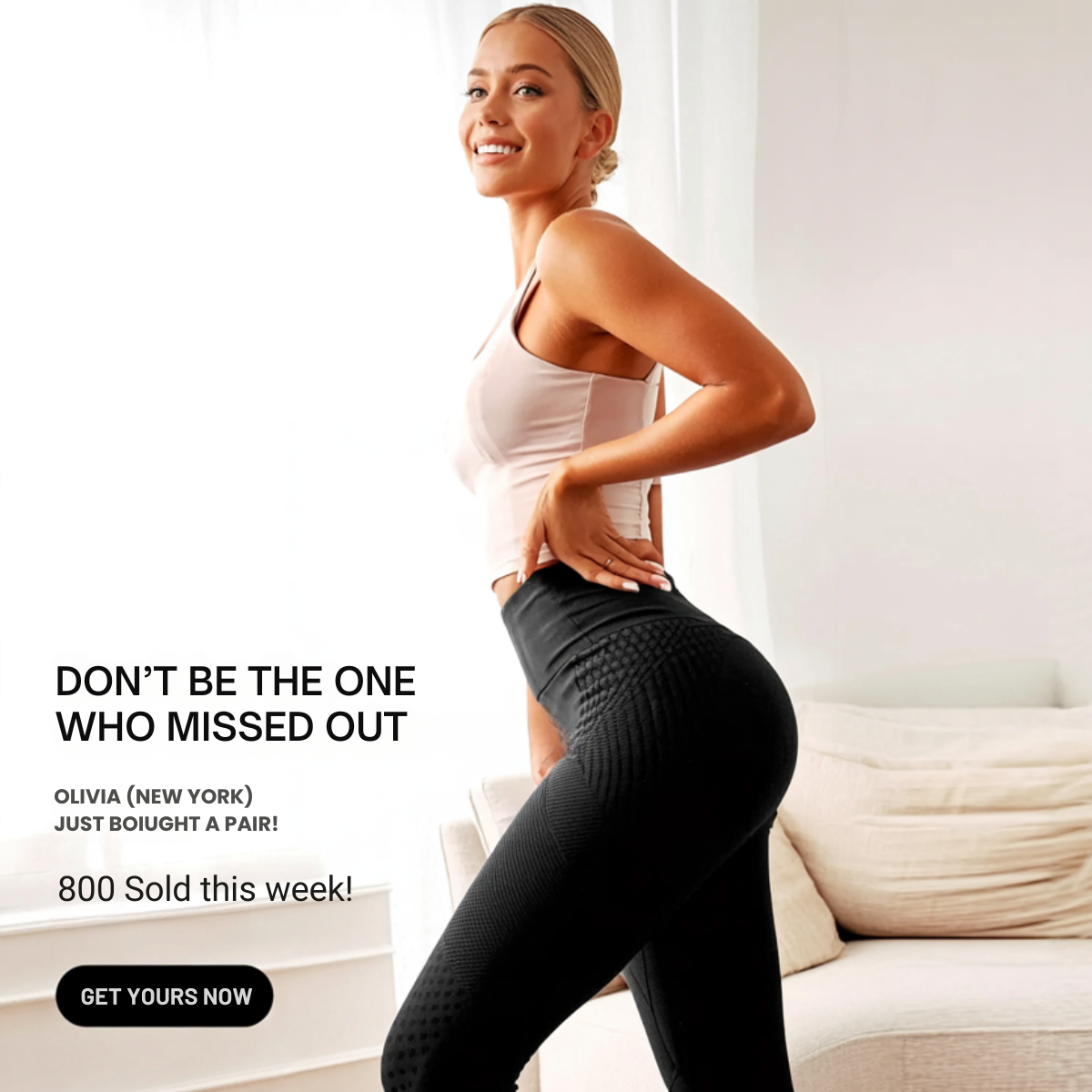 Smiling woman in black textured sculpting leggings in a bright living room, with FOMO headline and 800 sold this week