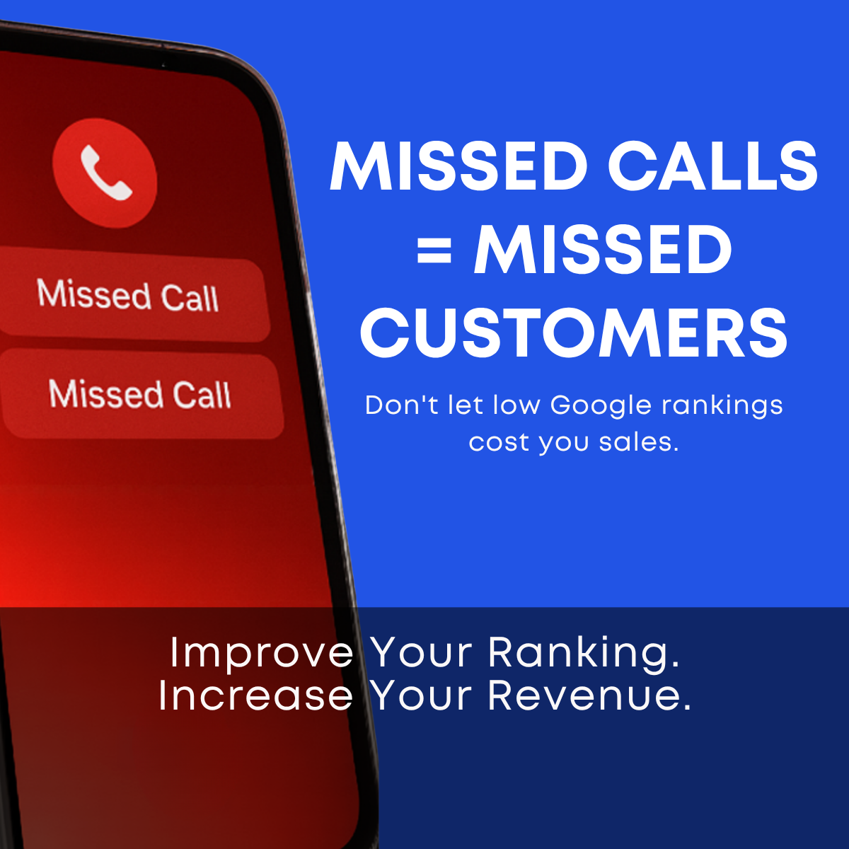 Red phone screen showing two missed call notifications beside a blue panel with the headline Missed Calls = Missed Customers