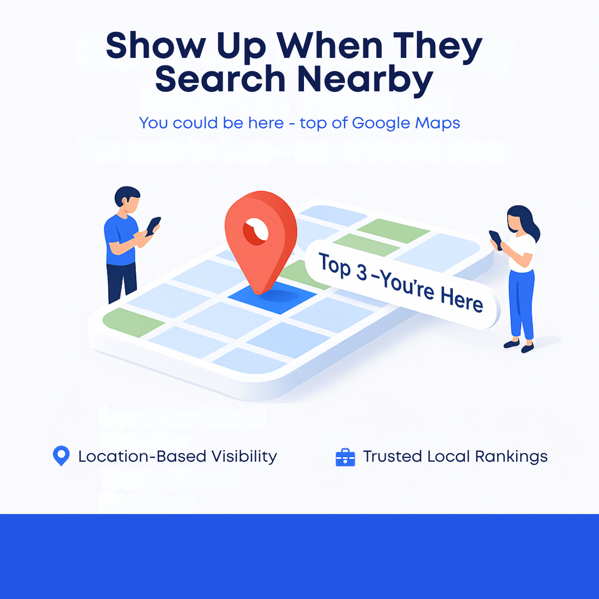 Isometric map illustration with a red pin, a Top 3 You're Here label and two people searching on phones