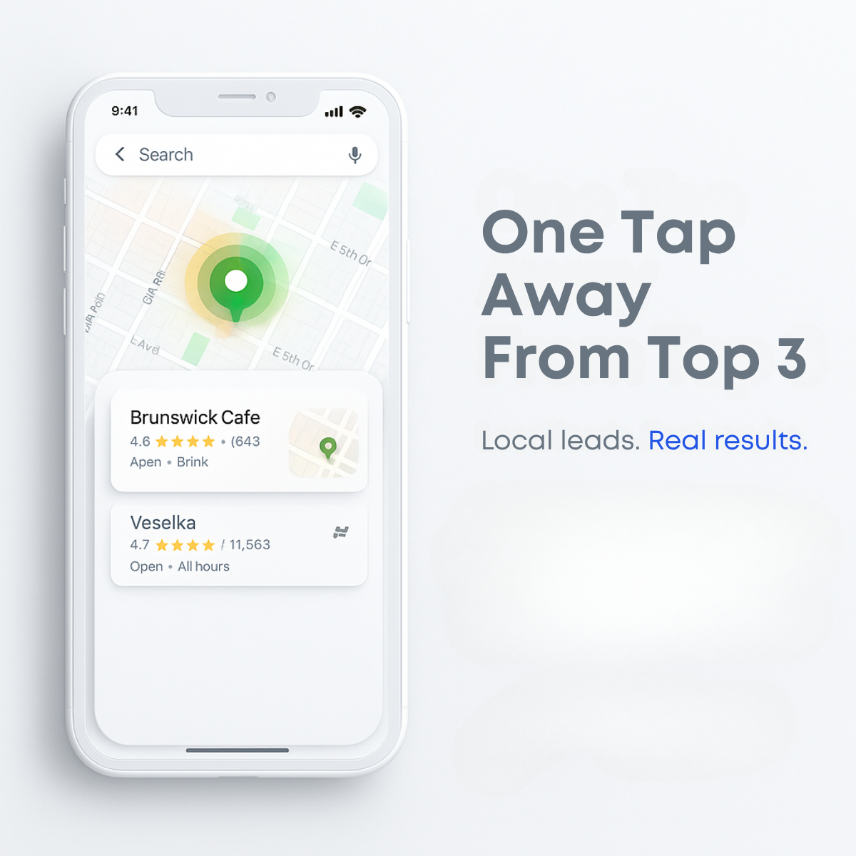 White phone mockup of a maps search with a green pin and two cafe listings, headline One Tap Away From Top 3