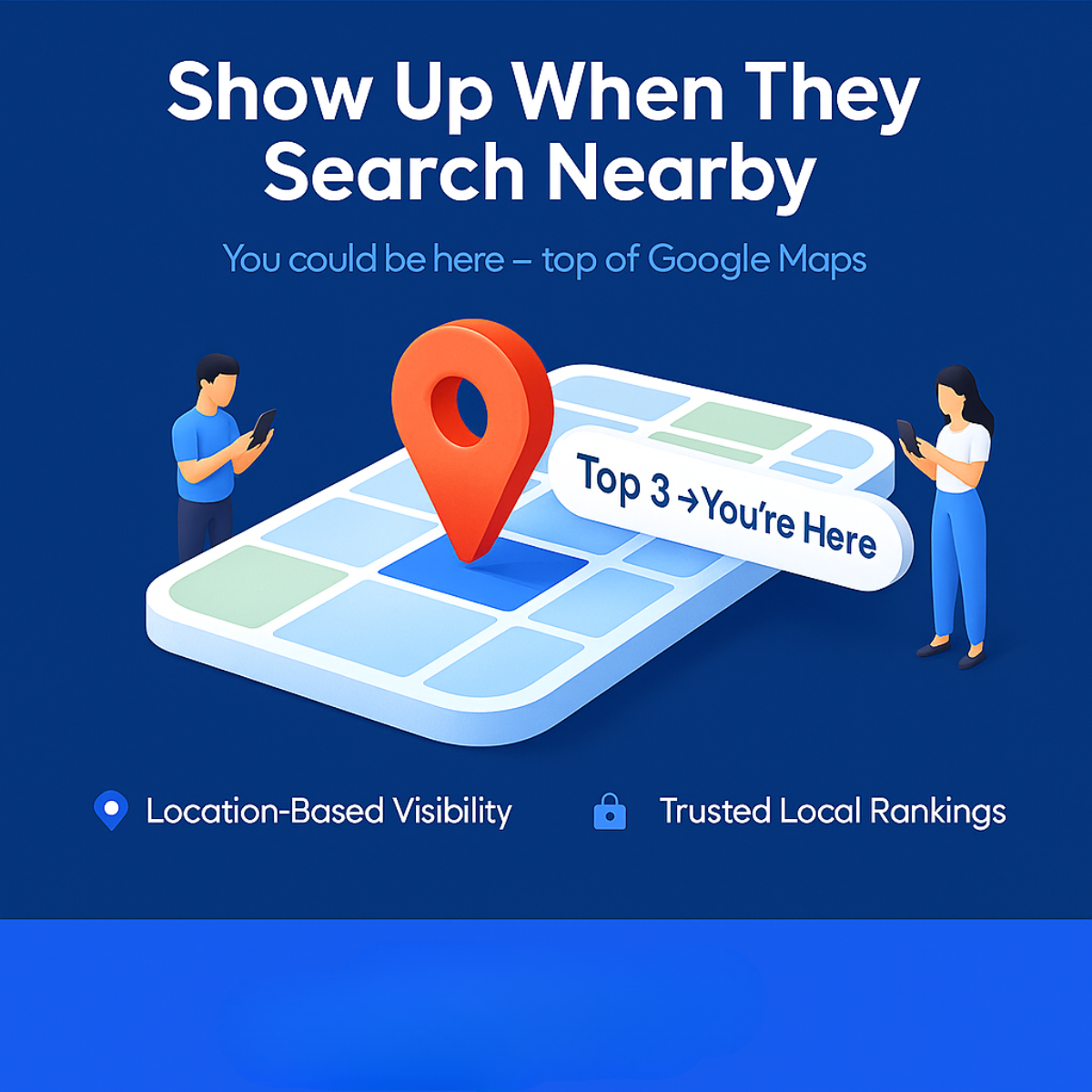 Isometric map with red location pin, 'Top 3 You're Here' label and two people on phones on a dark blue background