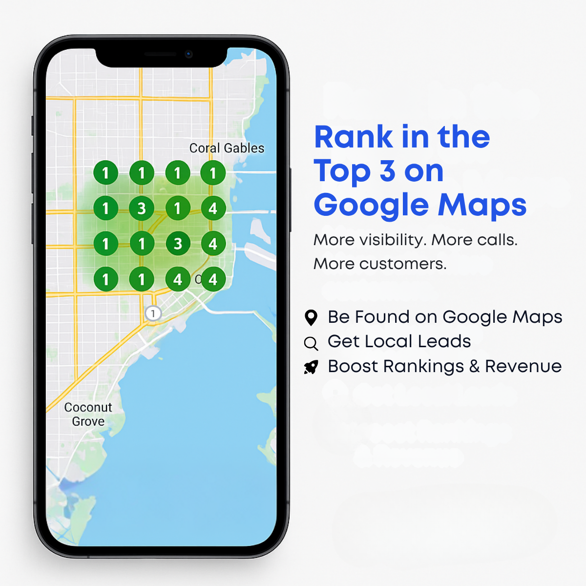 Smartphone showing Miami map with green ranking pins numbered 1 to 4 beside the headline 'Rank in the Top 3 on Google Maps'