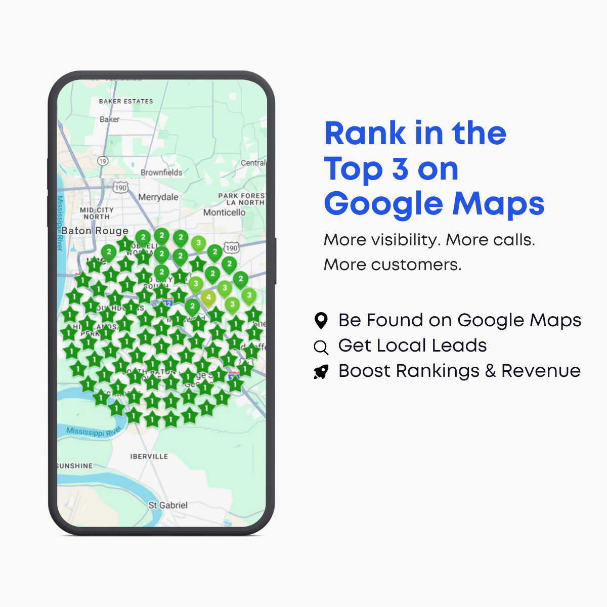 Smartphone showing a Baton Rouge map covered in green #1 star ranking pins next to the headline 'Rank in the Top 3 on Google Maps'
