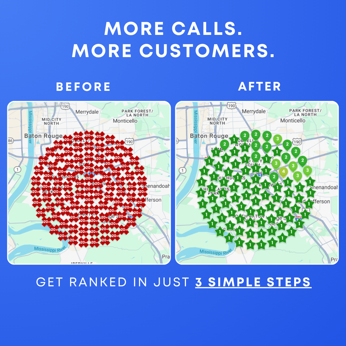 Two Baton Rouge maps: left covered in red 20+ ranking markers labeled Before, right covered in green #1 stars labeled After