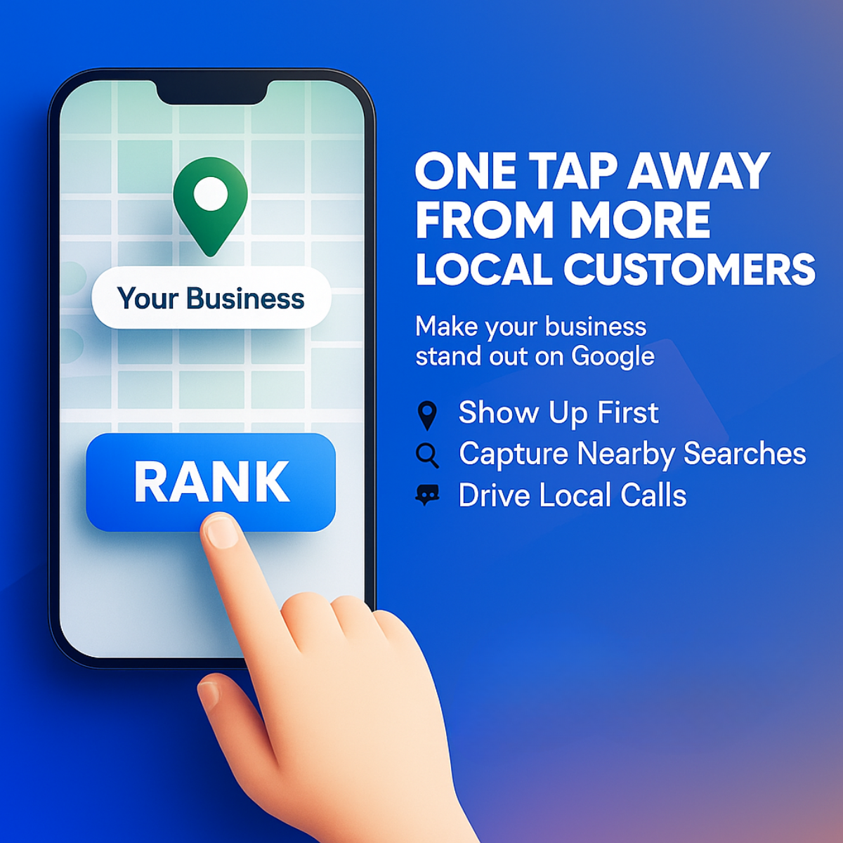 Illustrated hand tapping a blue RANK button on a phone showing a green map pin labeled Your Business, with three benefit bullets