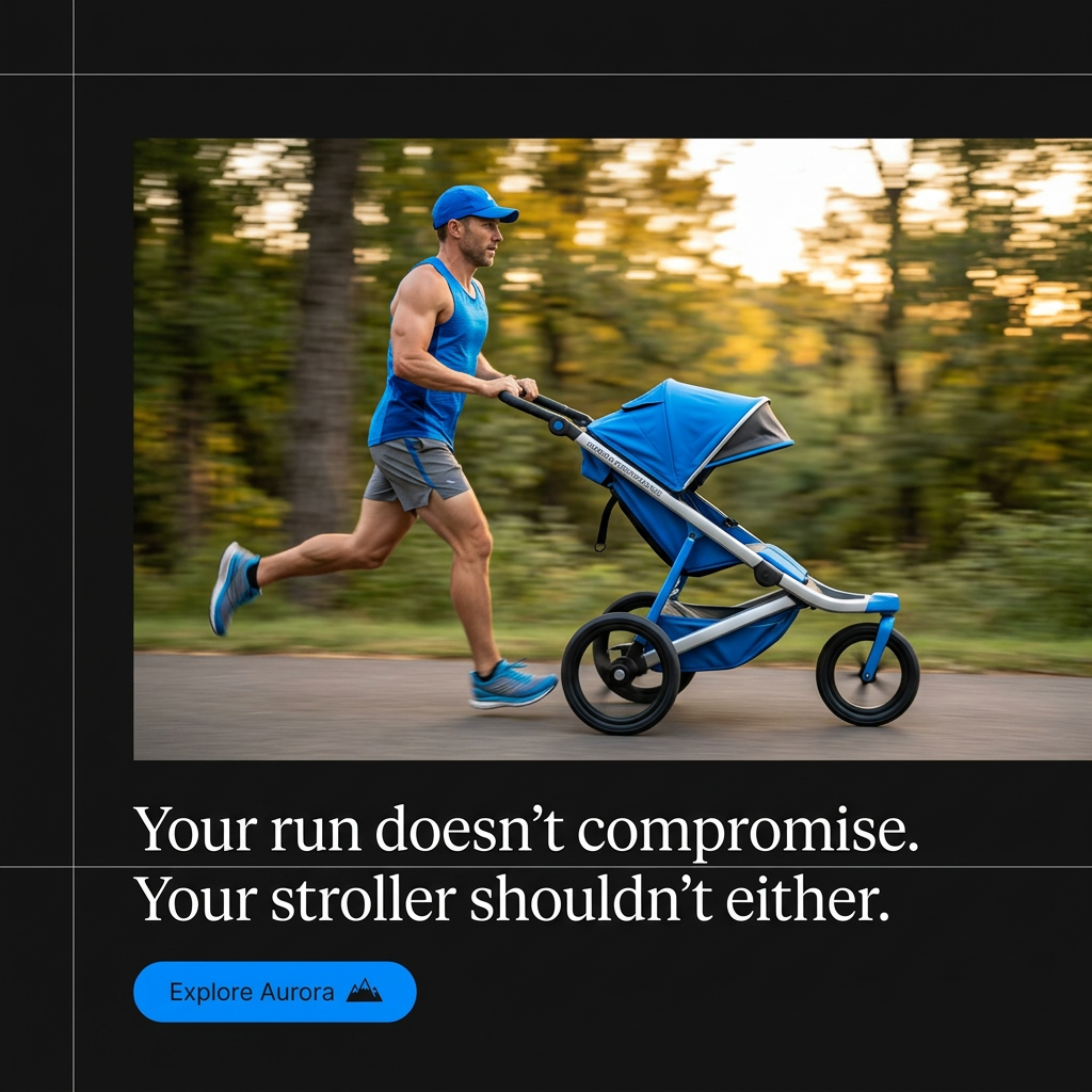 Athletic man in blue running gear pushing a blue jogging stroller on a forest path, headline below on a black background