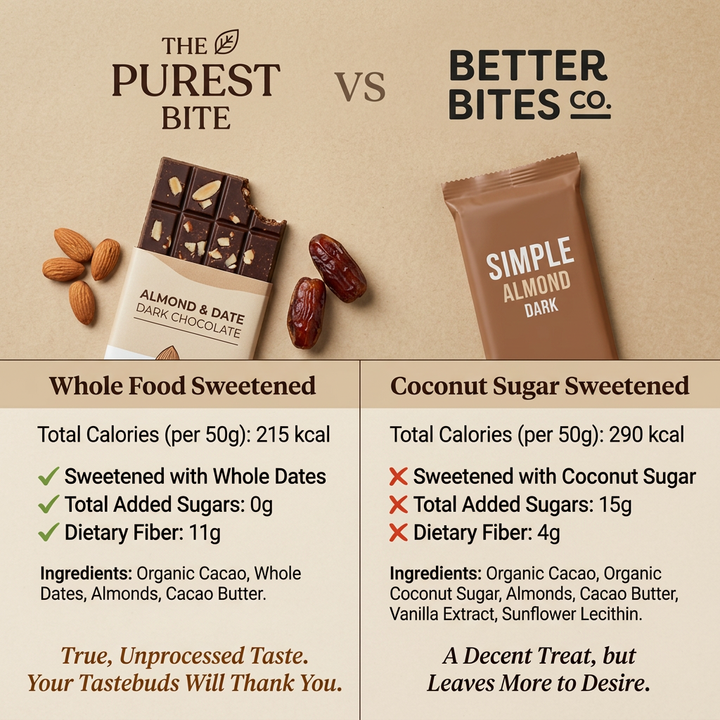 Side-by-side comparison of two dark chocolate bars with calories, added sugar, fibre and ingredients on a beige background