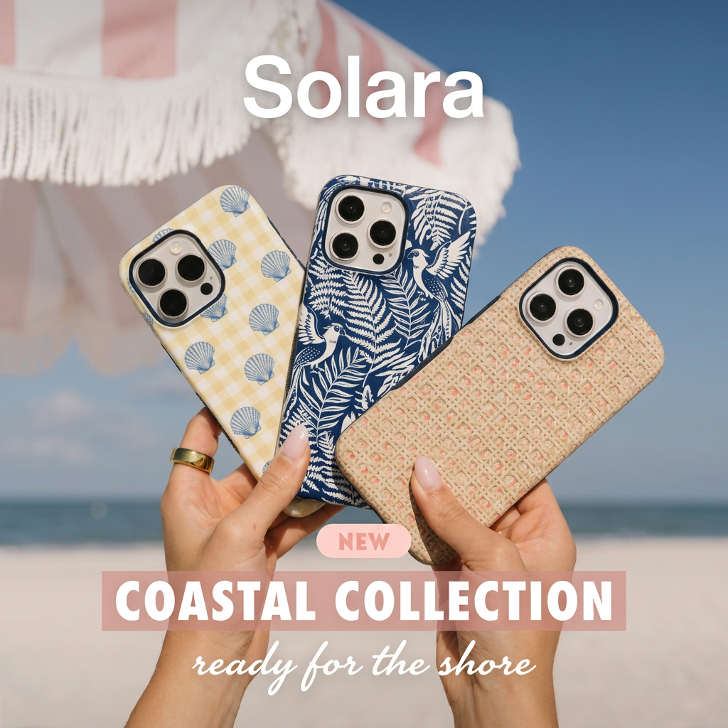 Two hands holding three patterned phone cases – seashell gingham, navy botanical and rattan – in front of a sunny beach