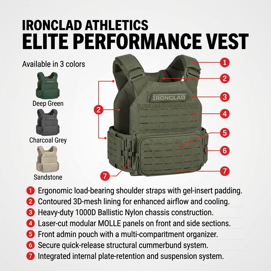 Olive green training vest with seven numbered red callouts, three colour options on the left and a feature list below
