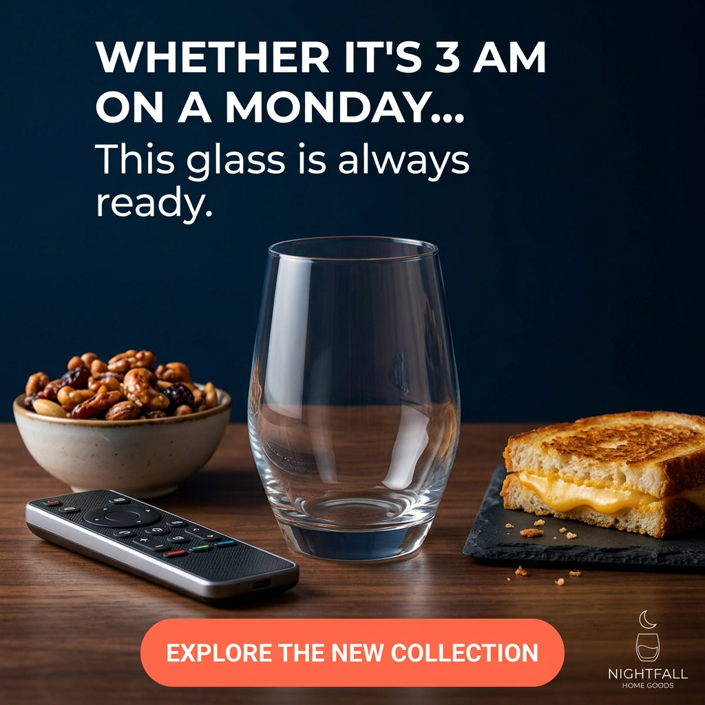 Empty stemless glass on a wooden table with nuts, a TV remote and a grilled cheese sandwich against a dark navy wall