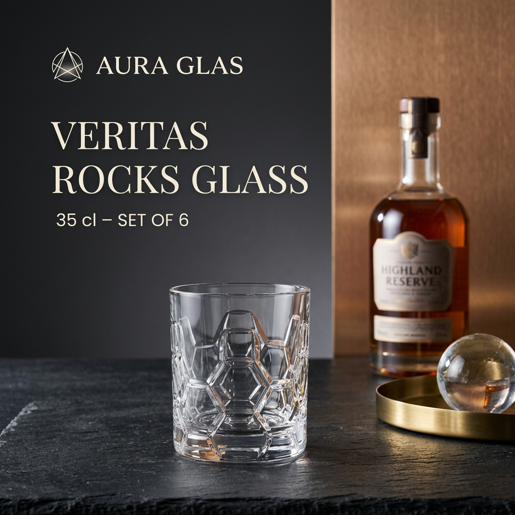 Cut-crystal rocks glass on black slate beside a whisky bottle, brass tray and ice sphere, with Aura Glas product title
