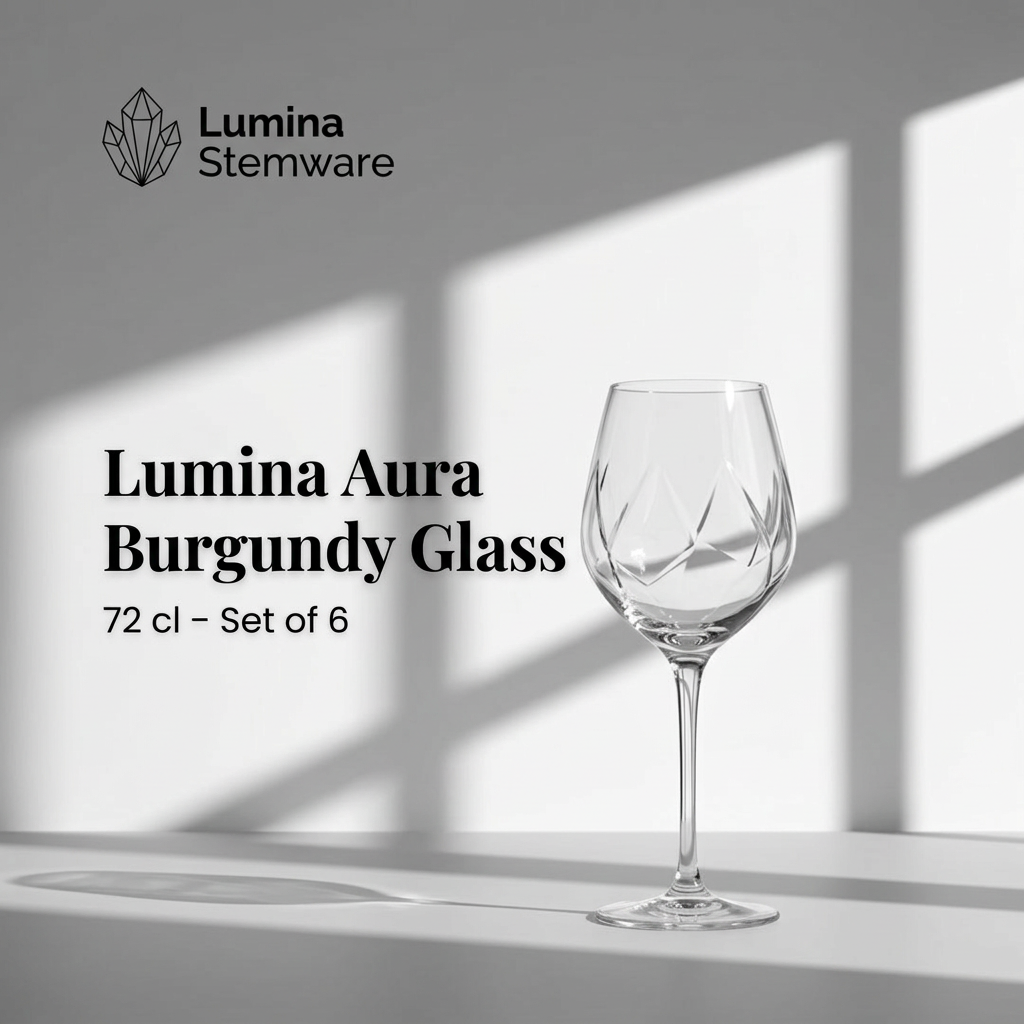 Single cut-crystal Burgundy wine glass on a white surface with window-frame shadows, Lumina Stemware logo and product title