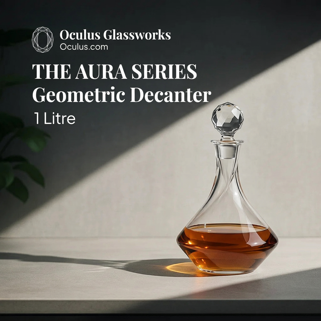 Geometric crystal decanter with amber whisky and faceted stopper in a diagonal sunbeam, Oculus Glassworks branding